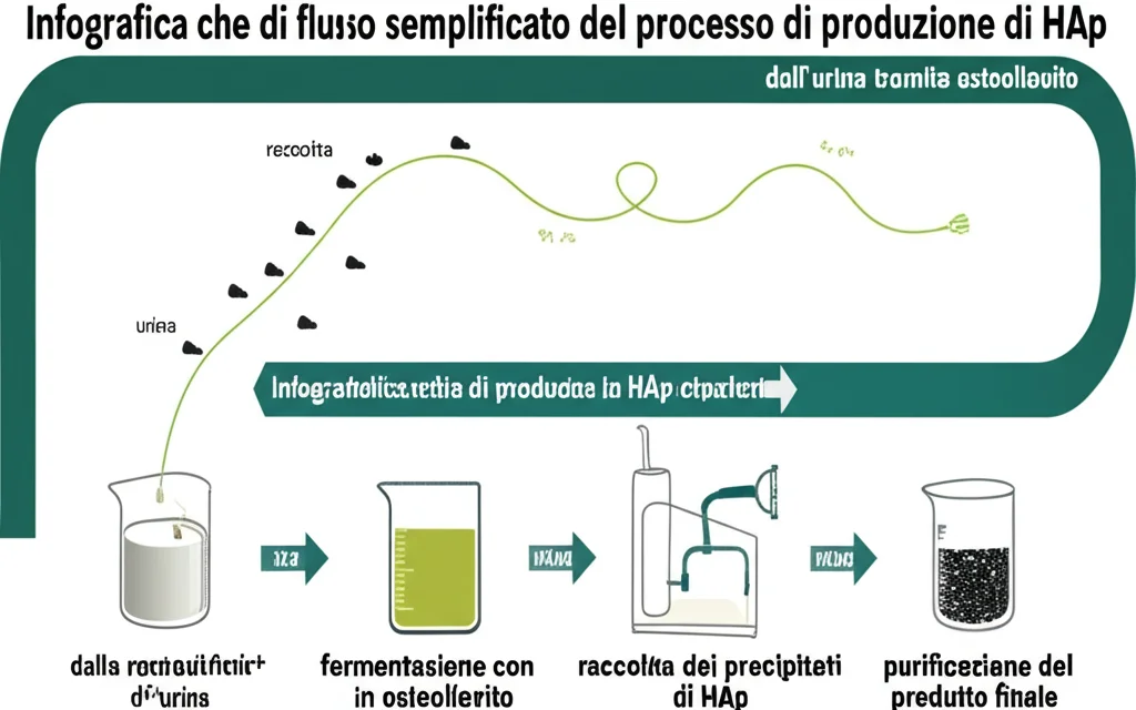 Infografica che mostra un diagramma di flusso semplificato del processo di produzione di HAp dall'urina tramite osteolievito. Inizia con la raccolta dell'urina, seguita dalla fermentazione con osteolievito in bioreattori, la raccolta dei precipitati di HAp, e infine la purificazione del prodotto finale. Elementi grafici moderni e puliti. Wide-angle, 10-24mm, sharp focus per i dettagli del diagramma.