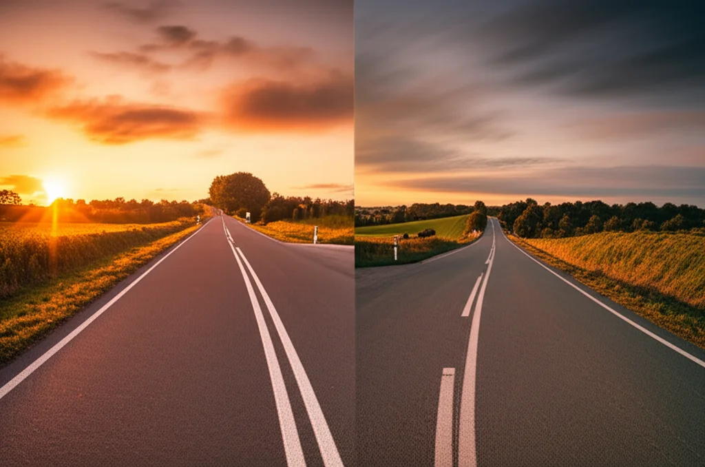 Wide-angle landscape shot, 10-24mm, di un bivio in una strada di campagna al tramonto. Una strada rappresenta il 'passato tradizionale' avvolto in una luce calda e nostalgica, l'altra il 'futuro della parità' illuminato da una luce più chiara e moderna. Sharp focus, long exposure per nuvole soffici.