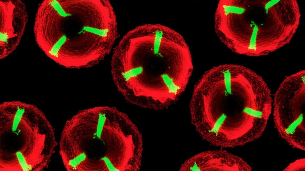 Visualizzazione 3D di cellule tumorali tiroidee in divisione, con cromosomi fluorescenti e fusi mitotici evidenti. Macro lens, 100mm, high detail, precise focusing, controlled lighting, per illustrare i processi di divisione cellulare alterati nel carcinoma anaplastico.
