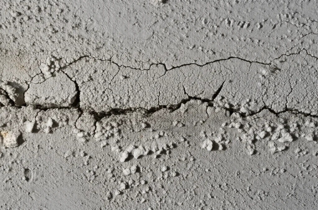 Macro fotografia di una sezione trasversale di un tubo di calcestruzzo fognario interrato, mostrando evidenti segni di corrosione interna con depositi e crepe. Obiettivo macro 90mm, illuminazione controllata per evidenziare i dettagli della degradazione, alta definizione.