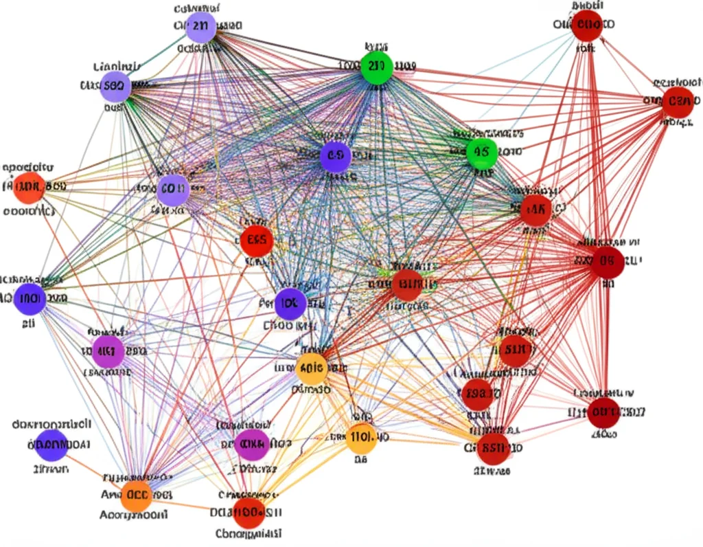 Rappresentazione grafica di una rete di interazione proteina-proteina (PPI) con nodi colorati che indicano geni upregolati e downregolati, e linee che mostrano le connessioni. Alcuni nodi (hub genes) sono più grandi e centrali. Prime lens, 35mm, depth of field, per simboleggiare la complessità delle interazioni geniche nel cancro.
