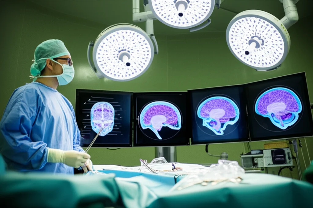 Fotografia di una sala operatoria high-tech, primo piano su un neurochirurgo concentrato che utilizza strumenti di neuronavigazione con schermi che mostrano immagini cerebrali 3D, obiettivo 35mm, luci chirurgiche brillanti che creano un'atmosfera intensa, dettagli nitidi sugli strumenti e sullo schermo.