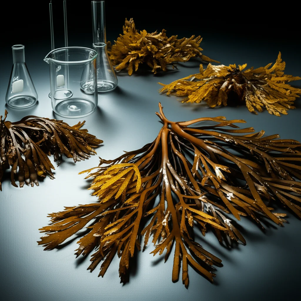 Macro fotografia di diverse alghe brune marine colombiane, alcune filamentose, altre a forma di ventaglio, disposte su un tavolo da laboratorio accanto a vetreria. Macro lens, 80mm, high detail, precise focusing, controlled lighting, luce da studio soffusa.