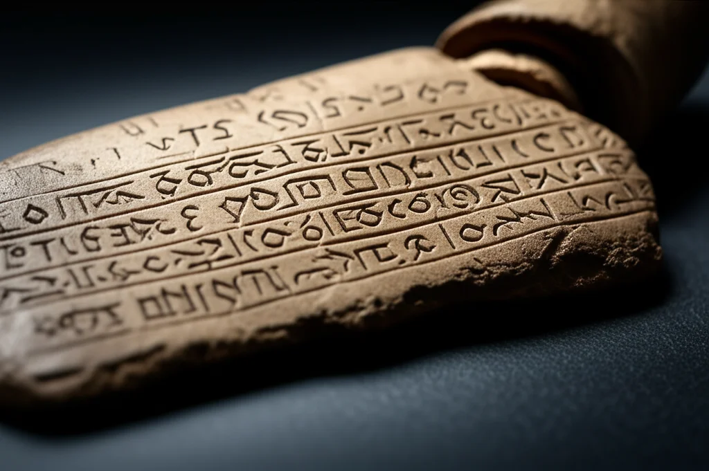 Una fotografia macro di antichi rotoli di pergamena e tavolette di pietra con iscrizioni simili a leggi o codici, illuminazione laterale controllata per evidenziare i dettagli del testo inciso e la texture del materiale. Lente macro da 100mm, alta definizione.
