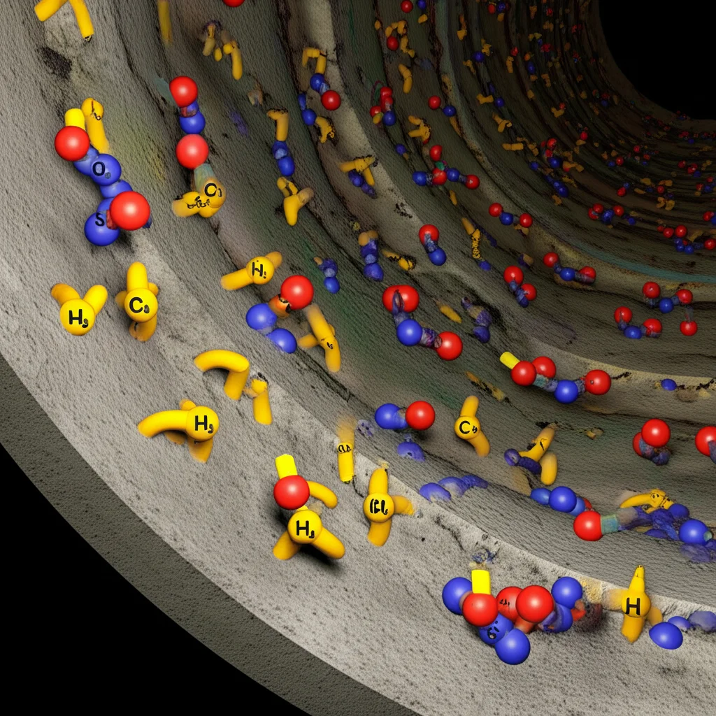Visualizzazione 3D scientifica di batteri che colonizzano la superficie interna di un tubo fognario in calcestruzzo, con molecole di H₂S e acido solforico rappresentate. Illuminazione drammatica per enfatizzare l'ambiente ostile, dettagli microscopici.