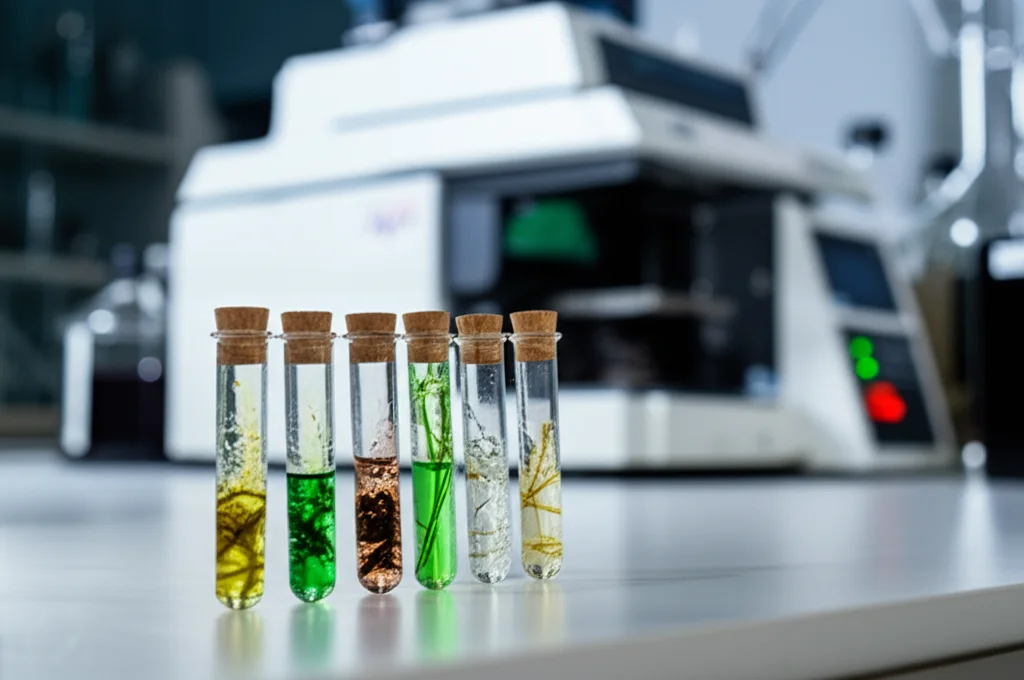 Fotografia still life di fiale e becher contenenti estratti di alghe di diversi colori (dal verde scuro al marrone) su un bancone di laboratorio, con un cromatografo HPLC visibile sullo sfondo, leggermente sfocato. Macro lens, 100mm, high detail, precise focusing, illuminazione da laboratorio brillante.
