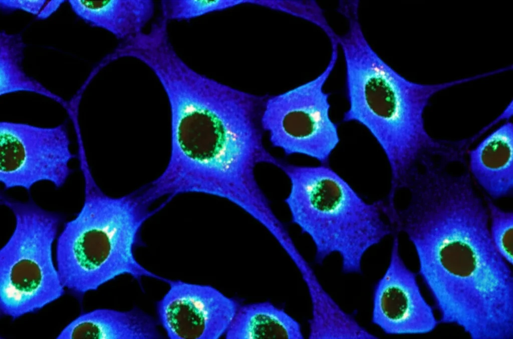 Immagine al microscopio di cellule tumorali del glioblastoma, con alcune cellule che vengono bersagliate da nanoparticelle terapeutiche (rappresentate come piccoli punti luminosi), obiettivo macro 100mm, alta risoluzione, illuminazione da campo oscuro per far risaltare le cellule e le nanoparticelle.