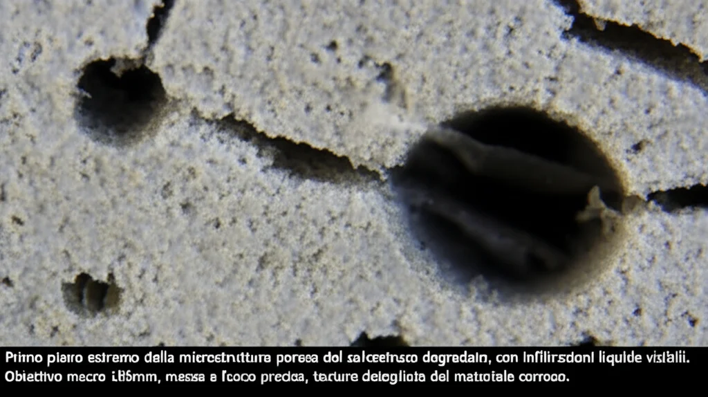 Primo piano estremo della microstruttura porosa del calcestruzzo degradato, con infiltrazioni liquide visibili. Obiettivo macro 105mm, messa a fuoco precisa, texture dettagliata del materiale corroso.