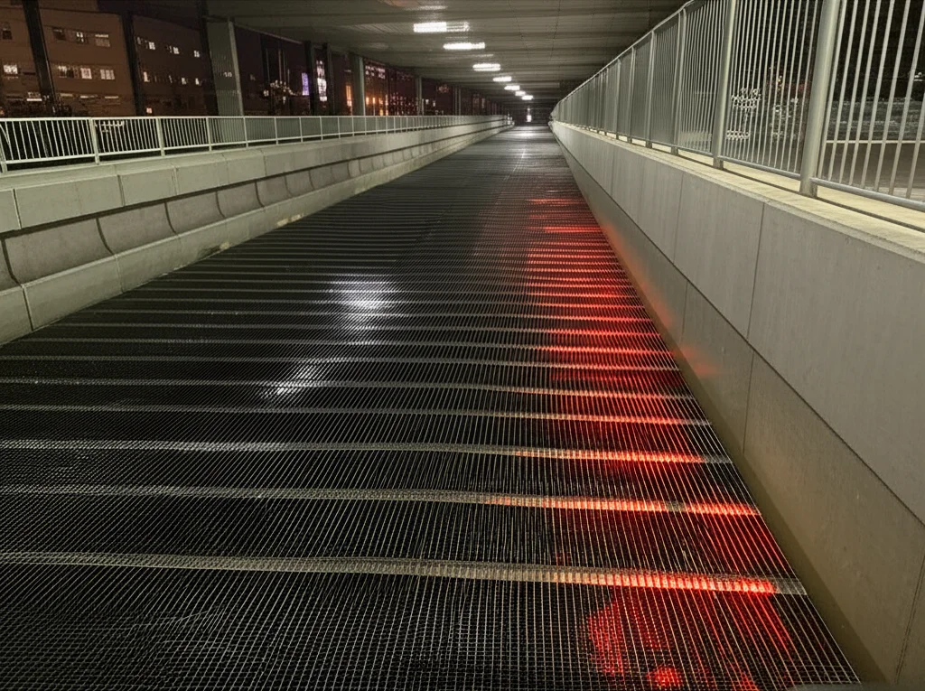 Inquadratura grandangolare di un paesaggio urbano con in trasparenza una rete complessa di condotte fognarie sotterranee illuminate, alcune delle quali mostrano punti critici di corrosione evidenziati in rosso. Obiettivo grandangolare 18mm, lunga esposizione per enfatizzare il flusso, focus nitido sull'infrastruttura.