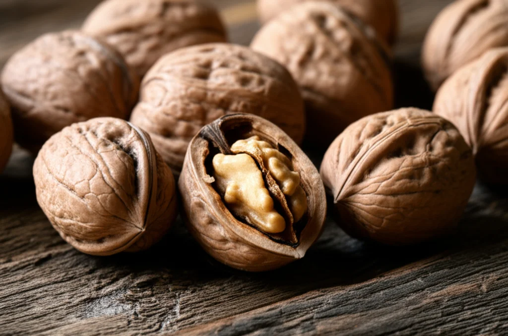 Close-Up Macro Shot, obiettivo da 85 mm, di diversi gusci di noci e kernel del Kazakistan, alcuni selvaggi e alcuni coltivati, disposti su un tavolo di legno rustico. Dettagli elevati, focalizzazione precisa, illuminazione morbida controllata per evidenziare trame e sottili variazioni di colore, simboleggia la diversità genetica.