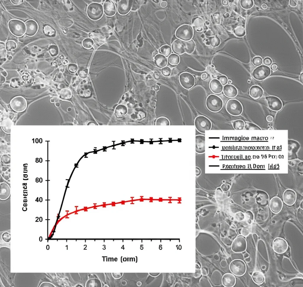 Immagine macro di cellule staminali mesenchimali in coltura in una piastra di Petri, illuminazione controllata per evidenziare i dettagli cellulari, obiettivo macro 90mm, alta definizione, con grafici sovrapposti che mostrano curve di crescita e intervalli di predizione.