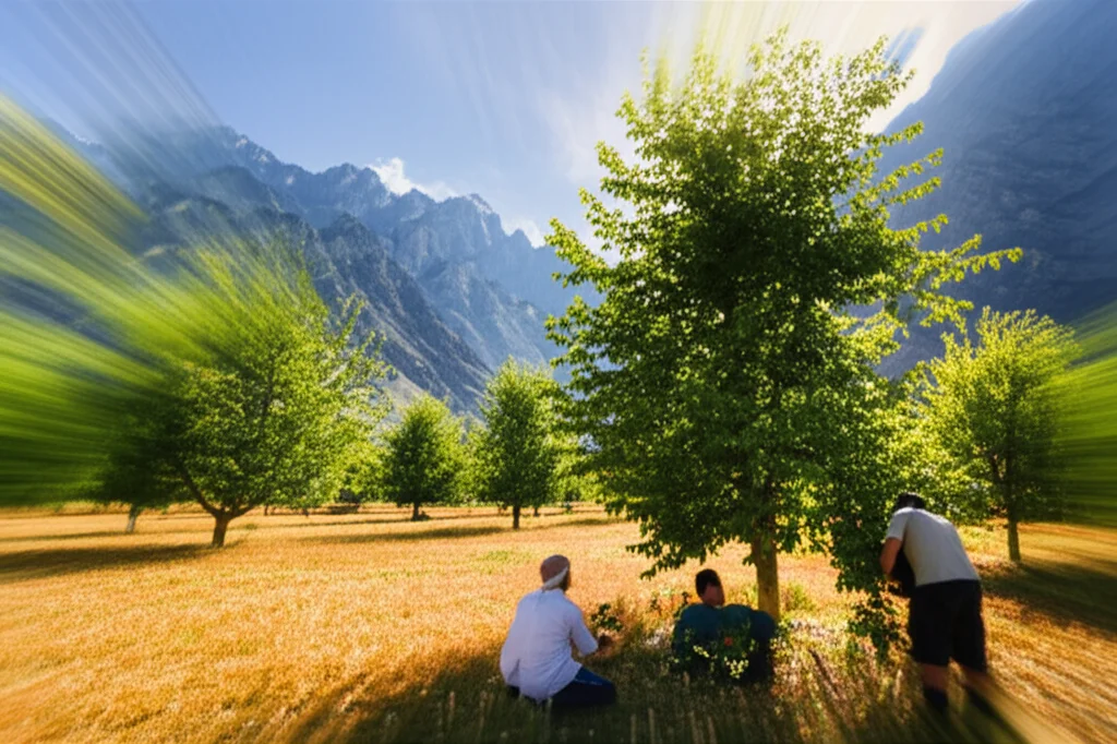 Paesaggio grandangolare, lente da 20 mm, che mostra un boschetto di noce applicato dal sole ai piedi delle montagne di Tien Shan in Kazakistan. I ricercatori a metà terra stanno raccogliendo attentamente campioni di foglie. Lunga esposizione a leggermente sfocate eventuali foglie in movimento, forte attenzione sugli alberi e sulle montagne, trasmettendo l'habitat naturale e le indagini scientifiche.