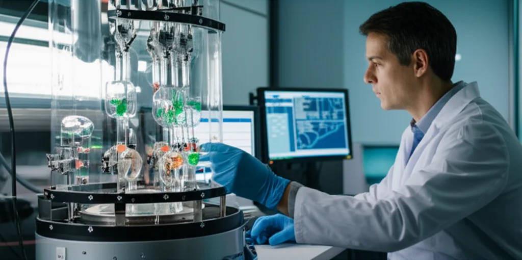 Un ricercatore in un laboratorio di biotecnologie moderno e pulito che osserva attentamente un bioreattore per la coltura cellulare, con schermi che mostrano dati e grafici. L'immagine trasmette precisione e controllo, obiettivo prime 35mm, profondità di campo.