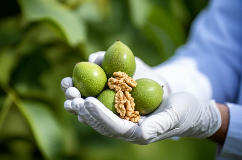 Macro Shot, lente da 100 mm, di un giovane alberello in noce con vibranti foglie verdi, tenute con cura nelle mani guantate di un ricercatore. Lo sfondo mostra sottilmente una moderna cornice di laboratorio con attrezzature di sequenziamento genetico offuscate. Alti dettagli sull'illuminazione di metropolitana, messa a fuoco precisa, controllata per enfatizzare la crescita e il potenziale, simboleggiando la conservazione e gli sforzi di riproduzione futuri.