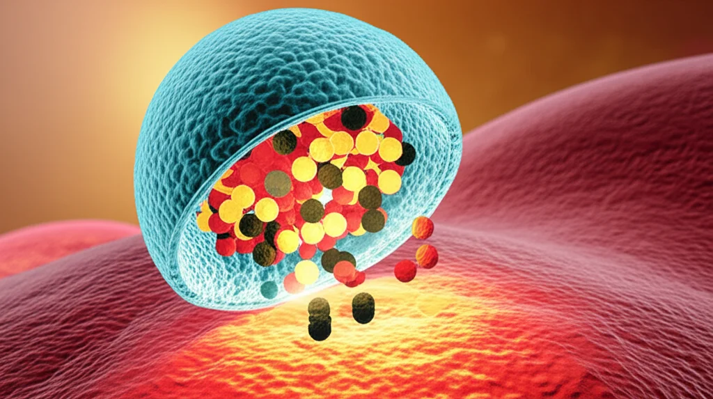 Macro lens, 80mm, high detail, precise focusing, controlled lighting: un'immagine artistica di nanoparticelle sferiche, alcune delle quali si aprono per rilasciare molecole di GDF15, dirette verso cellule polmonari stilizzate in un ambiente che suggerisce infiammazione con sfumature rosse e gialle.
