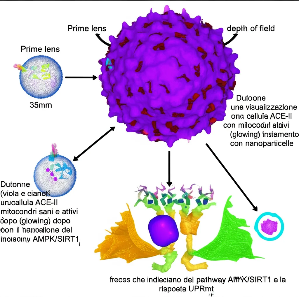 Prime lens, 35mm, depth of field, duotone (viola e ciano): una visualizzazione concettuale di una cellula ACE-II con mitocondri sani e attivi (glowing) dopo il trattamento con nanoparticelle, con frecce che indicano l'attivazione del pathway AMPK/SIRT1 e la risposta UPRmt.