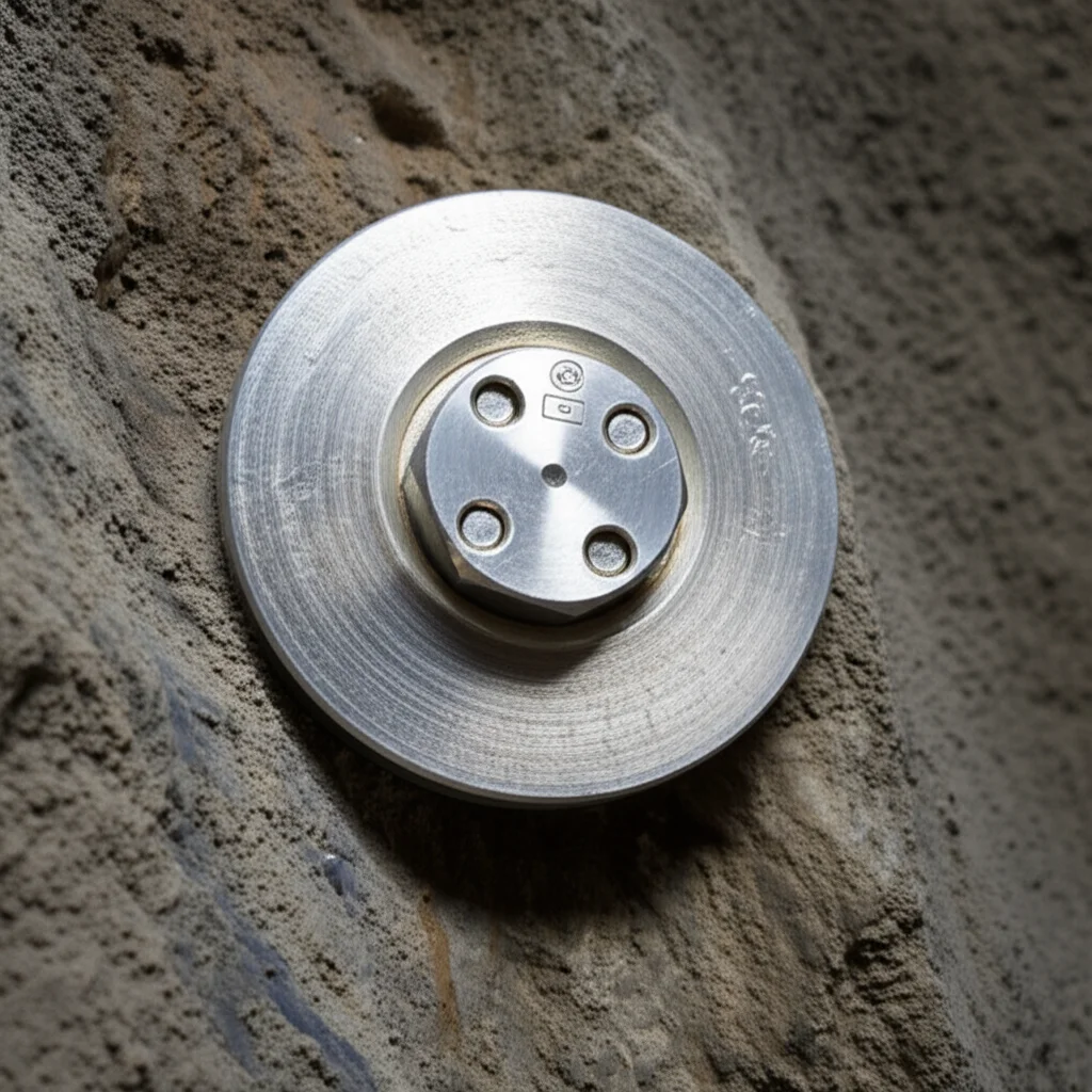 Lenti macro, 60 mm, dettagli elevati, messa a fuoco precisa, illuminazione controllata, primo piano di un componente del sistema di cavo di ancoraggio precompresso, in particolare una piastra di ancoraggio, che mostra segni di sollecitazione o deformazione contro una superficie di roccia ruvida in un tunnel.