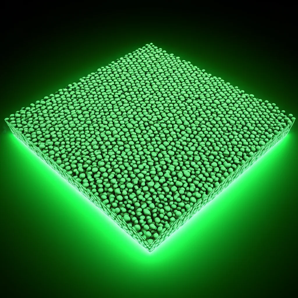 Visualizzazione artistica di un chip quantistico con fasci laser verdi (488nm) e microonde che interagiscono con difetti di spin (vacanze di boro) in un materiale 2D come il nitruro di boro esagonale. L'immagine dovrebbe suggerire la protezione dello spin dal rumore ambientale. Macro lens, 80mm, high detail, controlled lighting, focus on the interaction point, sfondo scuro per enfatizzare i fasci.