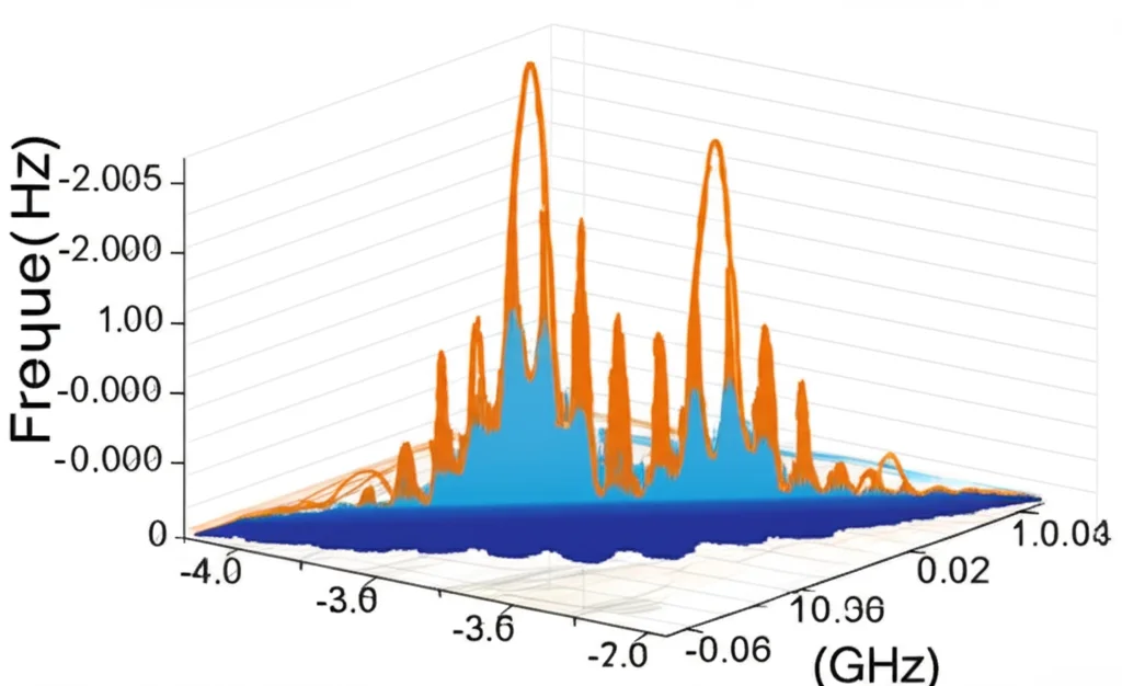 Grafico astratto e stilizzato che mostra un segnale ad alta frequenza (GHz) che viene demodulato, rivelando un picco di frequenza estremamente stretto (sotto-Hz) su un rumore di fondo basso, a simboleggiare l'alta risoluzione e SNR. Wide-angle, 15mm, sharp focus, visualizzazione dati elegante con colori contrastanti come blu e arancione.
