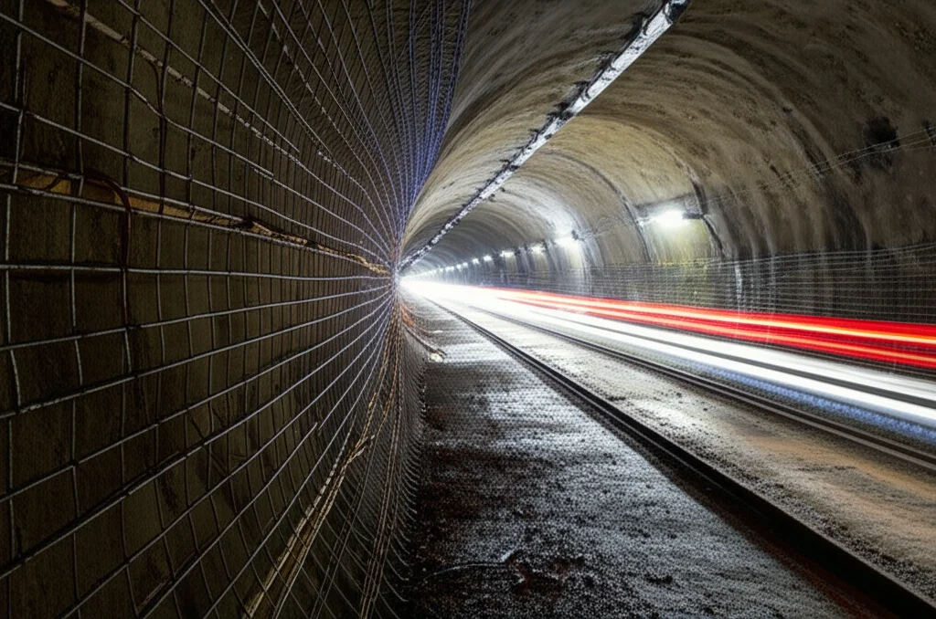 Wide-angle, 10-24mm, long exposure, sharp focus, immagine interna di un tunnel in roccia tenere in costruzione, con sistemi di ancoraggio precompressi visibili sulle pareti e sul soffitto. Luci di cantiere creano un'atmosfera industriale.