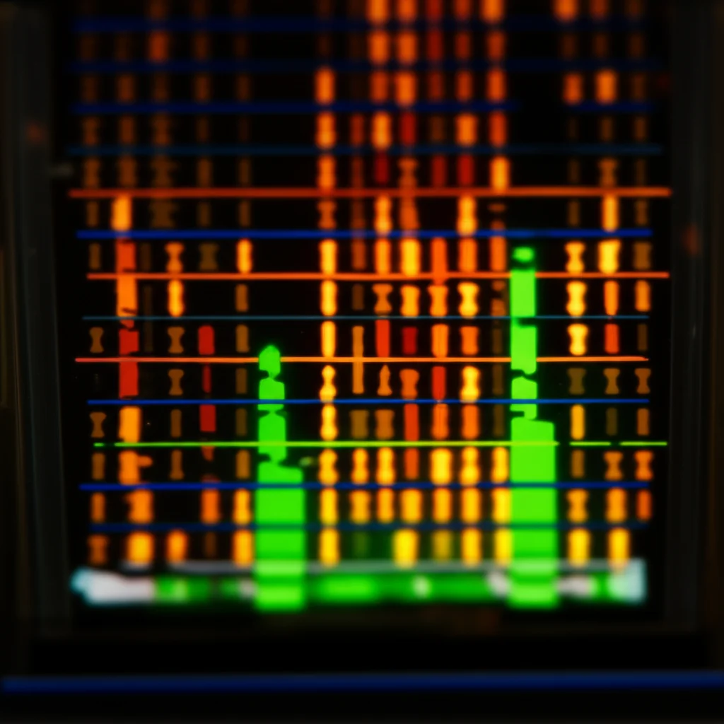 Fotografia macro di un chip per analisi del DNA, illuminato con colori brillanti che rappresentano i dati genetici, obiettivo macro 100mm, alta definizione, illuminazione controllata per enfatizzare i dettagli microscopici del chip, messa a fuoco selettiva su specifici marcatori genetici.