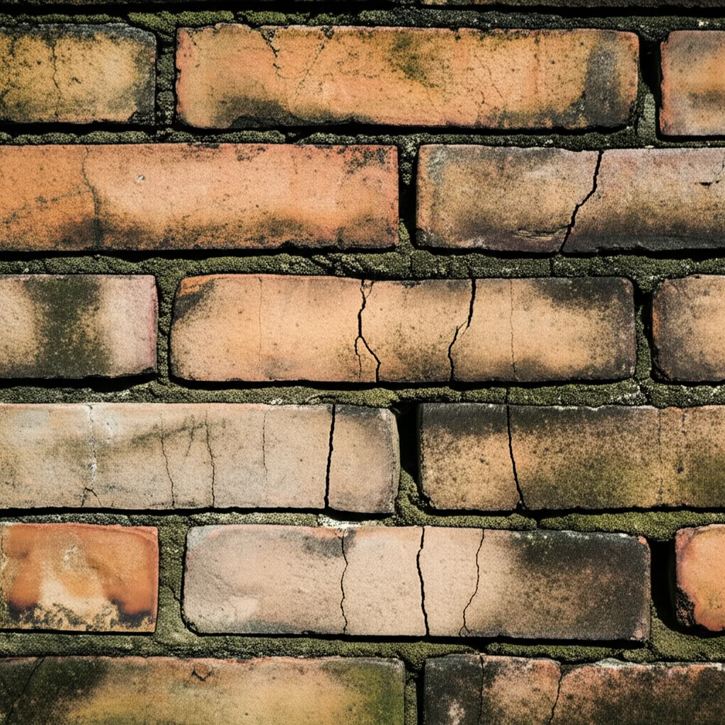 Un antico muro di mattoni di una casa rurale tradizionale cinese nella provincia dello Zhejiang, che mostra evidenti segni di degrado come crepe sottili, macchie di umidità e ingiallimento. Macro lens, 60mm, high detail, precise focusing, controlled lighting, luce naturale diffusa che evidenzia la texture dei mattoni e l'usura del tempo.