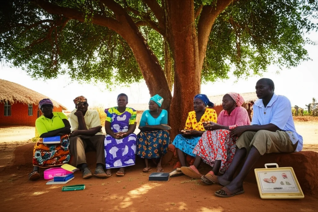 Fotografia realistica di un gruppo di piccoli agricoltori ugandesi, uomini e donne, seduti in cerchio sotto un grande albero in un villaggio rurale del nord Uganda. Sono attivamente impegnati in una riunione di una Village Savings and Loan Association (VSLA), con alcuni che maneggiano una cassetta di sicurezza e dei libri contabili. L'atmosfera è collaborativa e piena di speranza. Obiettivo prime, 35mm, luce naturale, profondità di campo, per catturare le espressioni di impegno.