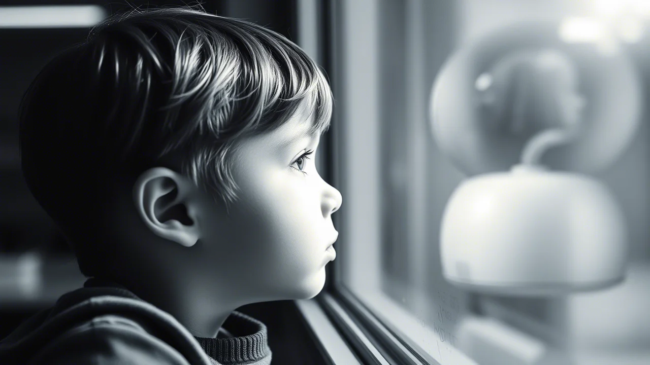 Un bambino con un impianto cocleare guarda pensieroso fuori da una finestra di una scuola, luce naturale che entra, 35mm portrait, depth of field per sfocare lo sfondo e concentrarsi sull'espressione del bambino, duotone blu e grigio per un'atmosfera introspettiva.