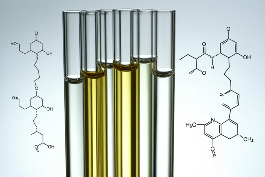 Fotografia still life di provette contenenti soluzioni di piperina, alcune limpide (complessate) e una torbida (libera), con accanto molecole stilizzate di glucani ciclici. Illuminazione da studio, obiettivo macro 90mm, alta definizione.
