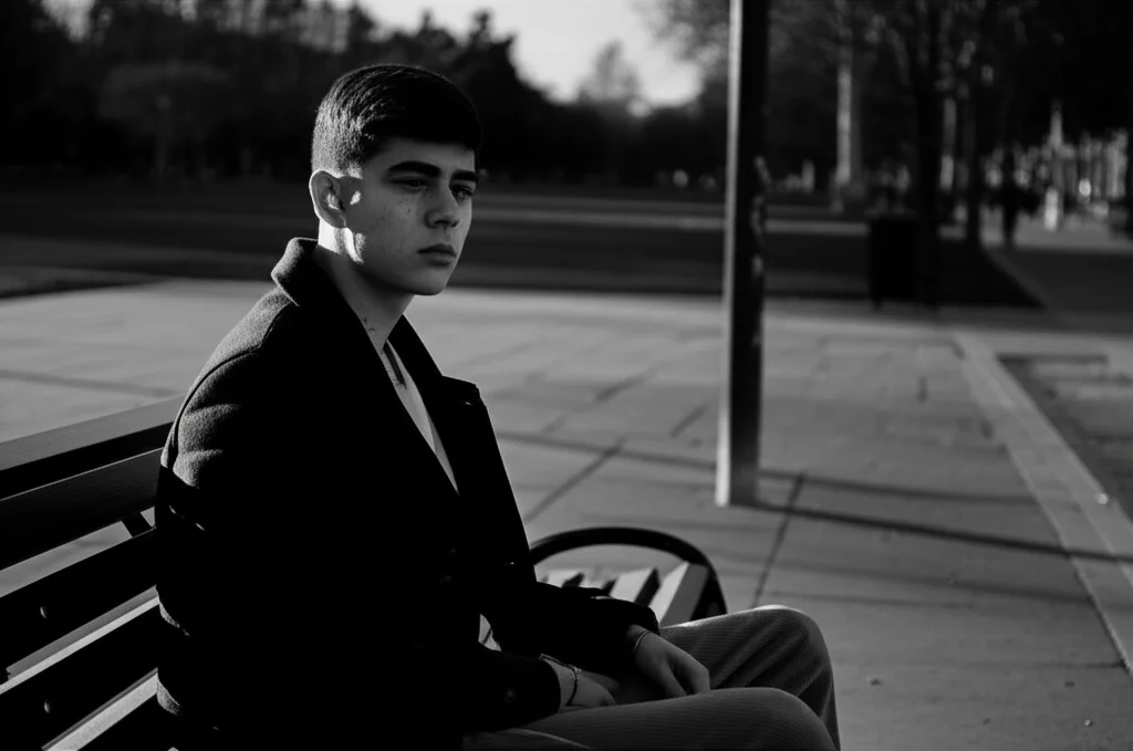 Un adolescente con un apparecchio acustico è seduto da solo su una panchina in un parco, luce del tardo pomeriggio, 35mm portrait, film noir per accentuare le ombre e il senso di introspezione, bianco e nero.