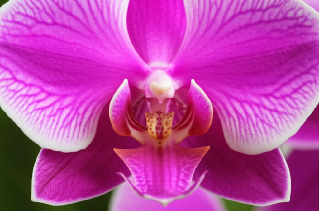 Fotografia macro di un fiore di orchidea Dendrobium, obiettivo macro da 105mm, alta definizione dei petali e dello stelo, messa a fuoco precisa, illuminazione controllata da studio che ne esalta la delicata consistenza e i colori vivaci.