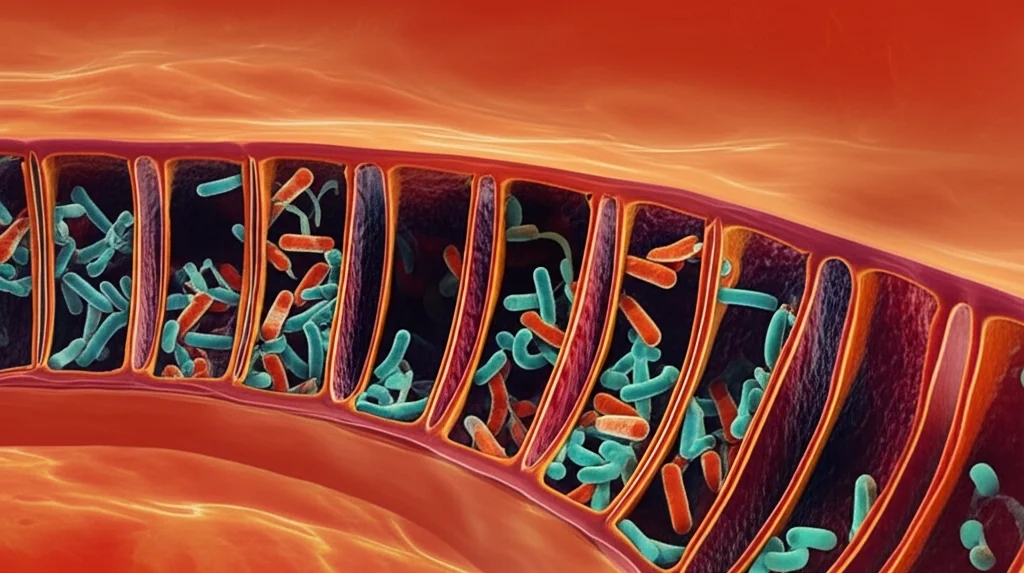 Visualizzazione artistica di batteri del microbiota intestinale in un ambiente stilizzato del colon, con alcuni batteri che metabolizzano composti vegetali, obiettivo macro da 60mm, alta definizione, illuminazione controllata per evidenziare le diverse forme batteriche.