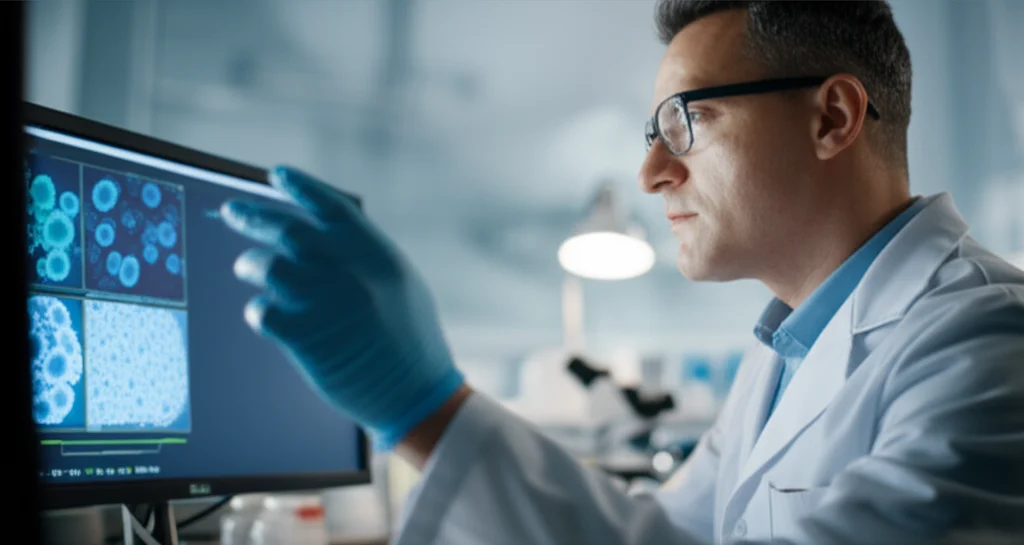 Ritratto di un ricercatore o ricercatrice, 35mm, con profondità di campo, che osserva con speranza i risultati di un esperimento su un monitor che mostra l'efficacia di una terapia combinata (THBS2 + PD-1) su cellule tumorali, in un laboratorio moderno e illuminato.