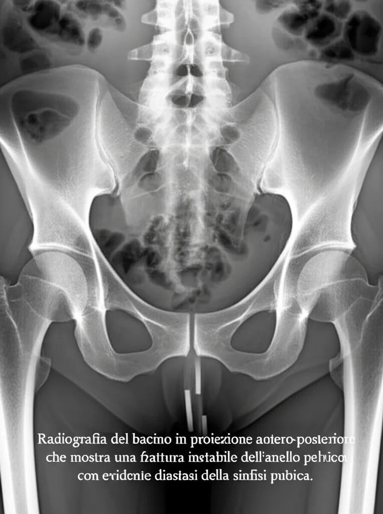 Radiografia del bacino in proiezione antero-posteriore che mostra una frattura instabile dell'anello pelvico, con evidente diastasi della sinfisi pubica. L'immagine dovrebbe avere un'illuminazione da sala operatoria, con dettagli nitidi dell'osso e della frattura, quasi come se fosse su un diafanoscopio. Macro lens, 80mm, high detail, precise focusing.