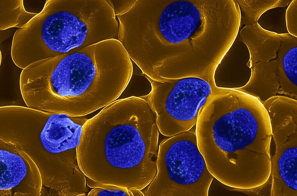 Immagine macro ad alta definizione di cellule T che interagiscono con cellule tumorali in un microambiente con scarsità di nutrienti, illuminazione controllata per evidenziare lo stress cellulare, obiettivo macro 100mm, alta definizione, precisa messa a fuoco.
