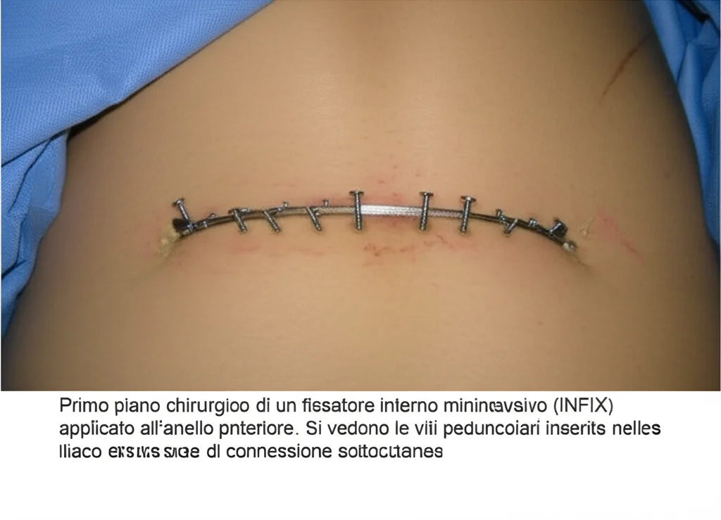 Primo piano chirurgico di un fissatore interno mininvasivo (INFIX) applicato all'anello pelvico anteriore. Si vedono le viti peduncolari inserite nell'osso iliaco e l'asta di connessione sottocutanea. L'immagine deve trasmettere la mininvasività della procedura, con piccole incisioni. Macro lens, 100mm, controlled lighting, high detail.