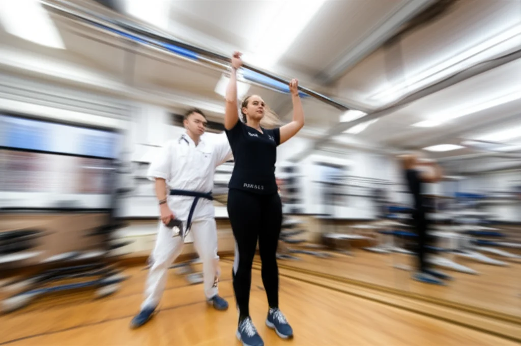 Paziente in fase di riabilitazione post-operatoria per frattura pelvica, mentre esegue esercizi di mobilizzazione con l'assistenza di un fisioterapista in una palestra riabilitativa luminosa. Telephoto zoom, 150mm, action tracking, luce naturale.