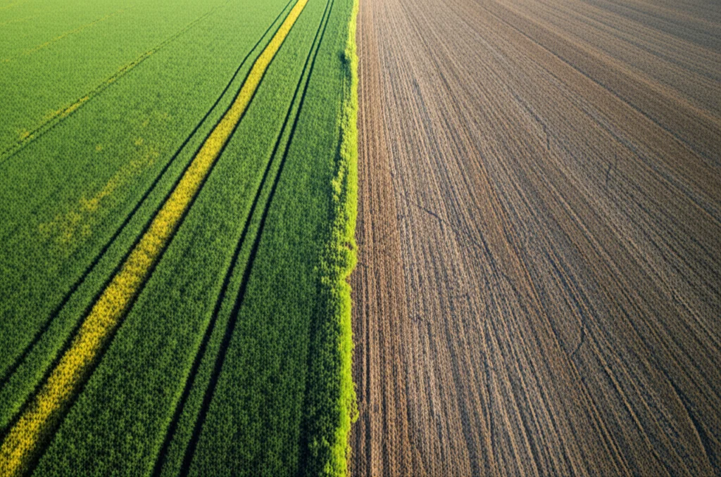 Un campo agricolo europeo diviso a metà: da un lato rigoglioso e verde con pratiche sostenibili visibili (es. fasce fiorite), dall'altro un terreno più sfruttato con macchinari pesanti. Obiettivo prime 50mm, luce del mattino diffusa, profondità di campo che mostra entrambi i lati, duotone verde e marrone.