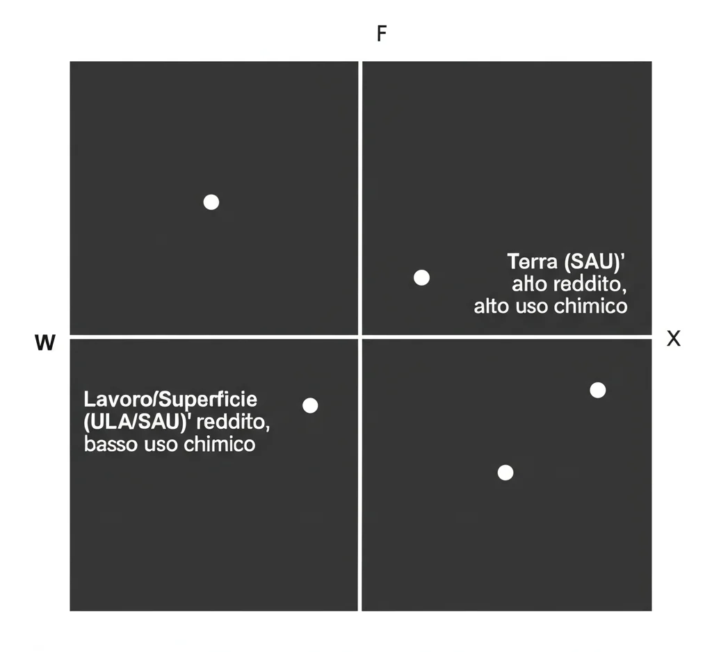 Un diagramma cartesiano stilizzato che mostra quattro quadranti. Un punto etichettato 'Terra (SAU)' si trova nel quadrante in alto a destra (alto reddito, alto uso chimico). Un altro punto etichettato 'Lavoro/Superficie (ULA/SAU)' si trova nel quadrante in basso a sinistra (basso reddito, basso uso chimico). Lente macro 60mm, illuminazione da studio precisa, alta definizione dei dettagli grafici.