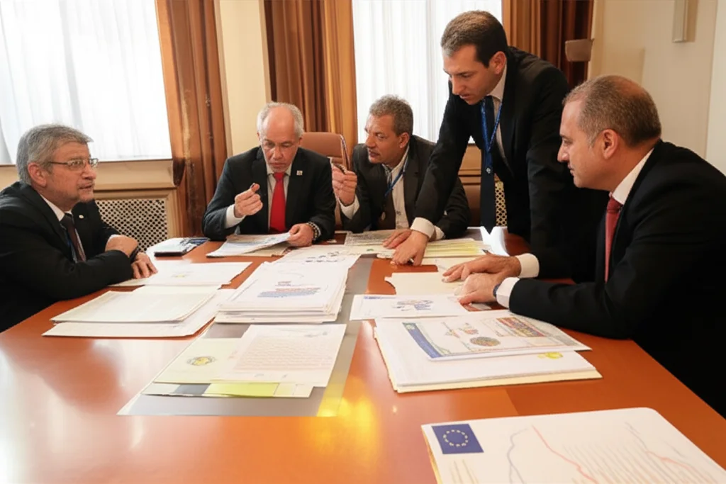 Un tavolo da conferenza con decisori politici, scienziati e rappresentanti degli agricoltori che discutono animatamente su grafici e documenti relativi alla PAC. Obiettivo prime 35mm, luce naturale da finestra laterale, profondità di campo media per mostrare le interazioni, atmosfera costruttiva.