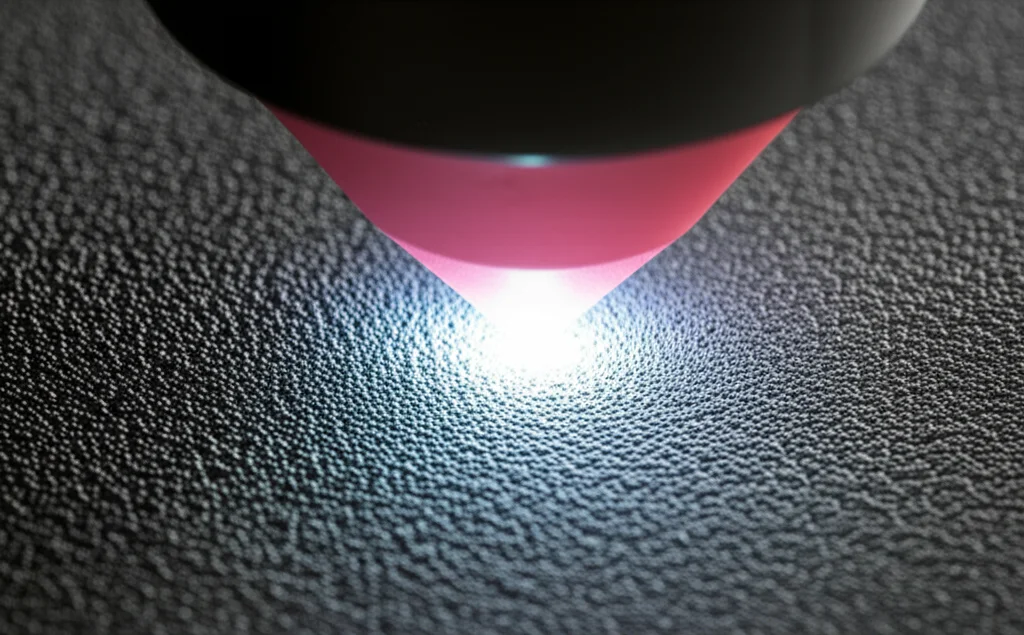 Immagine macro ad alta definizione di un letto di polvere metallica AlSi10Mg illuminato da un raggio laser durante il processo di fusione selettiva (PBF-LB), con scintille luminose che indicano la fusione. Obiettivo macro 100mm, illuminazione controllata per evidenziare i dettagli della polvere e del laser.
