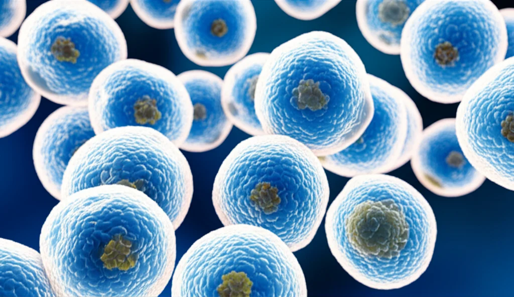 Visualizzazione 3D di cellule cancerose gastriche (AGS cells) in coltura, con alcune cellule che mostrano segni iniziali di apoptosi (leggera contrazione, blebbing). In primo piano, stilizzate, le molecole di Concanavalina A e Silibinina che si avvicinano alle cellule. Macro lens, 80mm, controlled lighting, high detail.