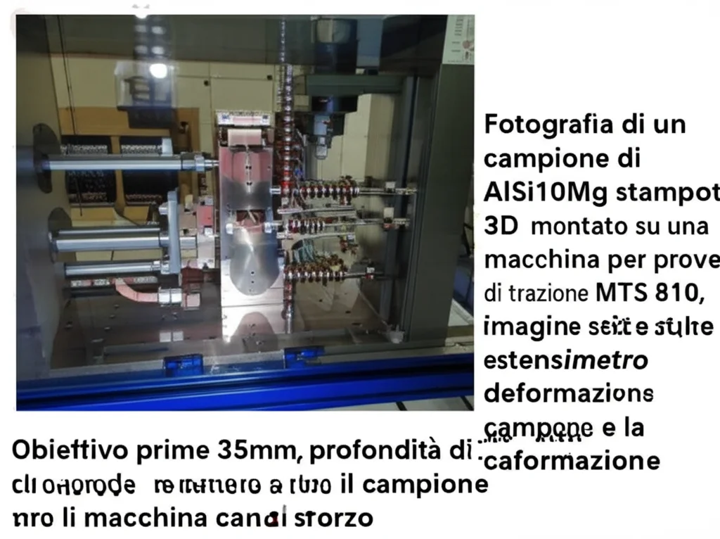 Fotografia di un campione di AlSi10Mg stampato in 3D montato su una macchina per prove di trazione MTS 810, con un estensimetro che misura la deformazione. L'immagine cattura il momento della prova, con il campione sotto sforzo. Obiettivo prime 35mm, profondità di campo per mettere a fuoco il campione e la macchina.