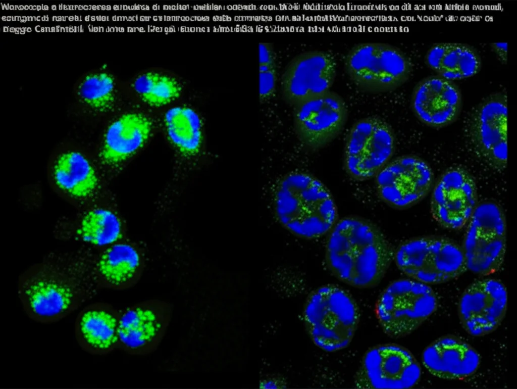 Microscopia a fluorescenza simulata di nuclei cellulari colorati con DAPI. Alcuni nuclei appaiono normali (blu brillante, omogenei), mentre altri, trattati, mostrano condensazione della cromatina e frammentazione (blu più intenso, frammentato, con 'code' da saggio Comet visibili). Macro lens, 100mm, high detail, precise focusing, duotone blu e nero.
