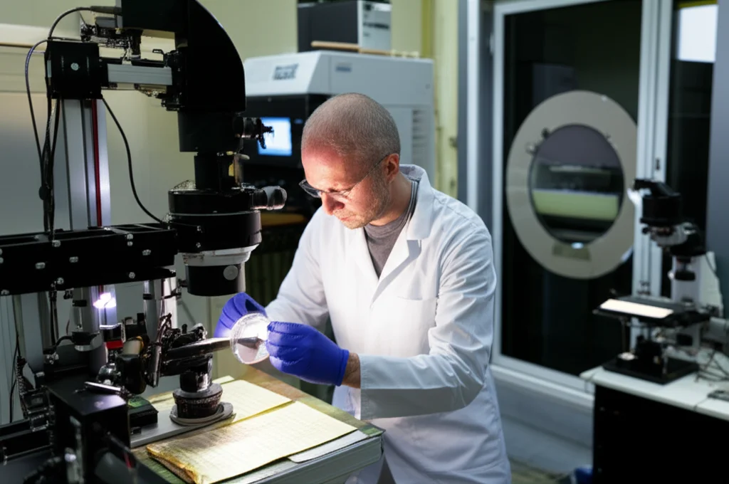 Un laboratorio di conservazione high-tech, con un ricercatore che esamina un antico manoscritto sotto una lente d'ingrandimento illuminata. Sullo sfondo, attrezzature come spettrometri e camere climatiche. L'atmosfera è di studio intenso e meticoloso. Obiettivo prime 35mm, profondità di campo per mettere a fuoco il manoscritto e il ricercatore, con lo sfondo leggermente sfocato.