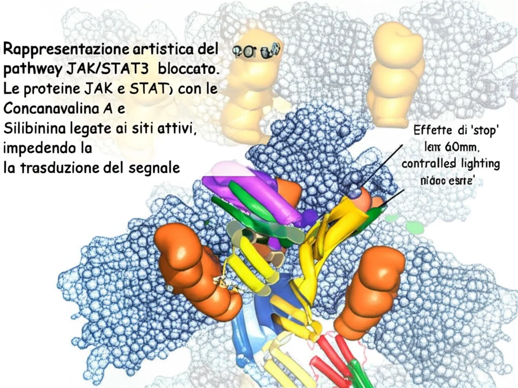 Rappresentazione artistica del pathway JAK/STAT3 bloccato. Le proteine JAK e STAT3 (stilizzate) con le molecole di Concanavalina A e Silibinina legate ai siti attivi, impedendo la fosforilazione e la trasduzione del segnale. Effetto di 'stop' o 'blocco' visivo. Macro lens, 60mm, controlled lighting, high detail.