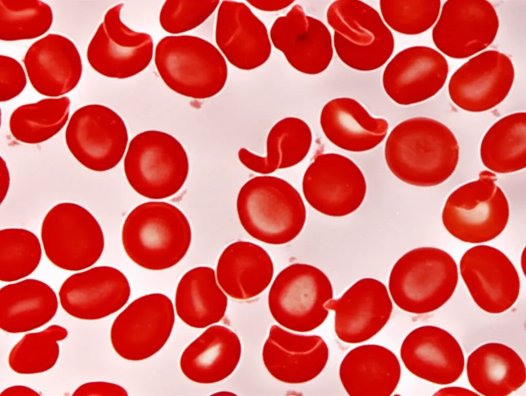 Immagine macro ad alta definizione di globuli rossi al microscopio, alcuni con la tipica forma a falce dell'anemia falciforme e altri, trattati con curcumina, che mantengono una forma più tondeggiante e sana. Illuminazione da laboratorio controllata, obiettivo 100mm, per evidenziare il dettaglio morfologico cellulare.