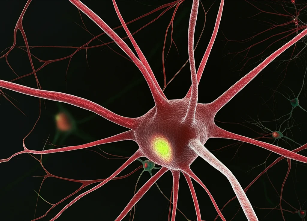 Macro fotografia di neuroni del midollo spinale che mostrano segni di rigenerazione, con assoni che si estendono. Illuminazione da laboratorio controllata, alta definizione, lente macro 100mm, focus preciso sulle connessioni neuronali in via di formazione, sfondo scuro per enfatizzare i dettagli luminosi dei neuroni.