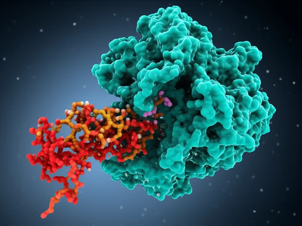 Visualizzazione 3D fotorealistica di molecole di ciclocurcumina che si legano saldamente alla proteina emoglobina S. Lo sfondo è un ambiente biologico stilizzato, con illuminazione che mette in risalto il sito di legame. Obiettivo prime 35mm, con profondità di campo per enfatizzare l'interazione molecolare.
