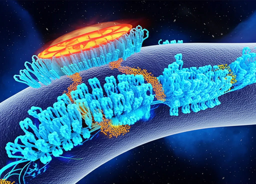 Visualizzazione 3D fotorealistica della via di segnalazione Wnt/β-catenin all'interno di una cellula nervosa. Molecole di β-catenina evidenziate in un colore brillante che si muovono verso il nucleo. Lente prime 35mm, profondità di campo per mettere a fuoco la cascata di segnali, sfondo cellulare dettagliato.